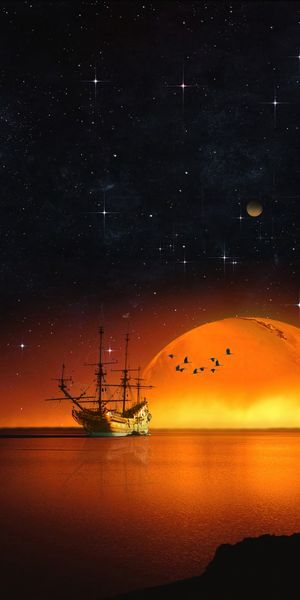 Majestic Ship Sailing into a Starry Sunset