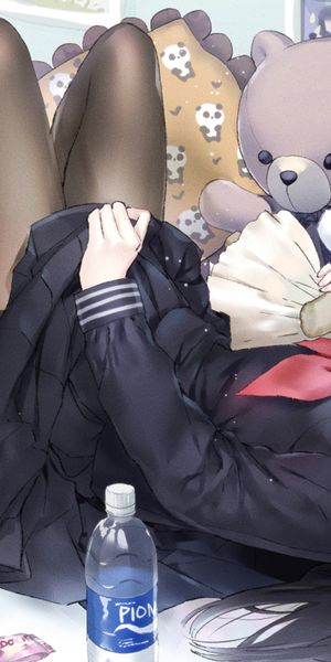 Phone wallpaper: Anime, Teddy Bear, Girl, Skirt, Black Hair, Long Hair, Pantyhose, Lying Down, Stuff