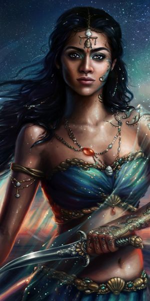 Phone wallpaper: Fantasy, Stars, Night, Dagger, Black Hair, Women Warrior, Woman Warrior free downlo