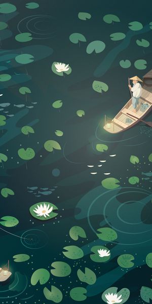 Serene Fisherman in a Boat Surrounded by Water Lilies