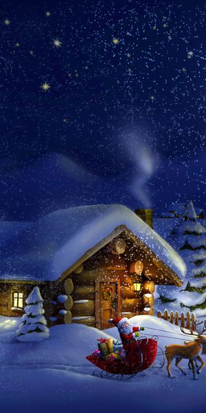 Enchanting Christmas Night with Santa's Sleigh and Cozy Cabin