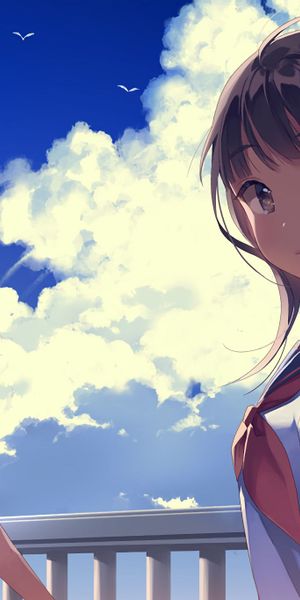 Phone wallpaper: Anime, Girl, Cloud, School Uniform, Brown Eyes, Brown Hair free download