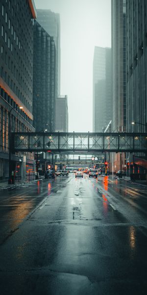 Foggy City Street with Modern Architecture