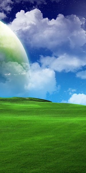 Breathtaking Sci-Fi Landscape Featuring a Green Field and Planet