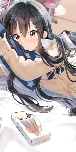 Phone wallpaper: Anime, Girl, School Uniform, Brown Eyes, Black Hair, Long Hair, Lying Down free dow