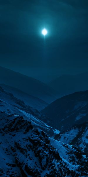 A Breathtaking View of Snow-Covered Mountains at Night