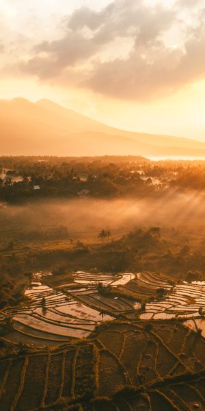 Phone wallpaper: Landscape, Sunset, Fog, Indonesia, Photography, Aerial, Sunbeam free download