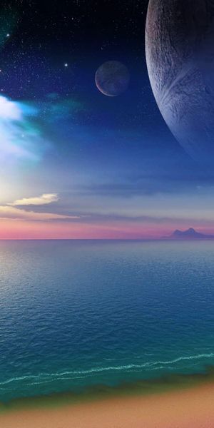 Amazing Beach at Sunset with a Fantasy Planet Above