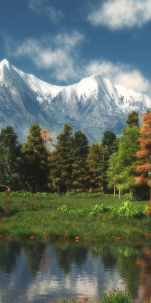 Majestic mountain wallpaper featuring lush greenery and tranquil waters