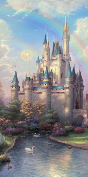 Enchanting Disneyland Castle Surrounded by Nature and Rainbows
