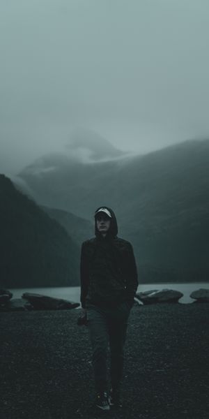 Phone wallpaper: Fog, Miscellaneous, Miscellanea, Person, Mountains, Human, Gloomy, Beach free downl
