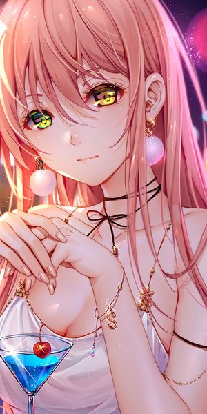 Charming anime wallpaper featuring a girl with pink hair and heterochromia