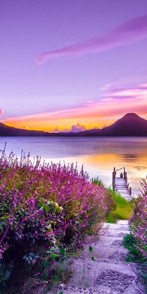 Breathtaking Sunset Over Atitlan Lake Surrounded by Blooming Flowers