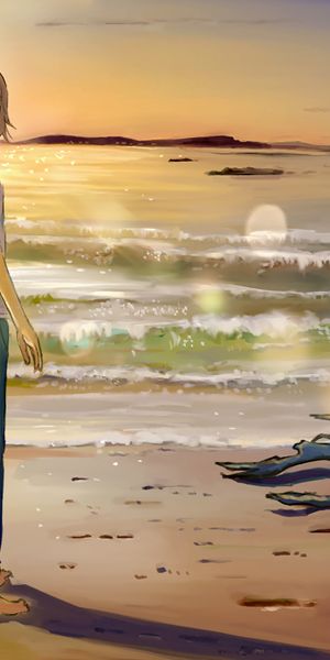 Phone wallpaper: Anime, Sunset, Beach, Original, Brown Eyes, Brown Hair, Short Hair free download