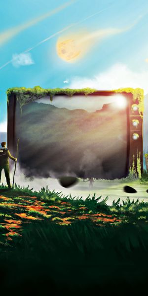 Surreal Landscape Featuring a Television Set Amidst Cosmic Wonders