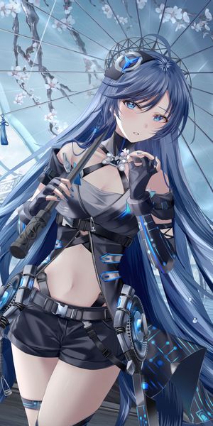 Phone wallpaper: Anime, Girl, Umbrella, Blue Eyes, Shorts, Blue Hair, Long Hair free download