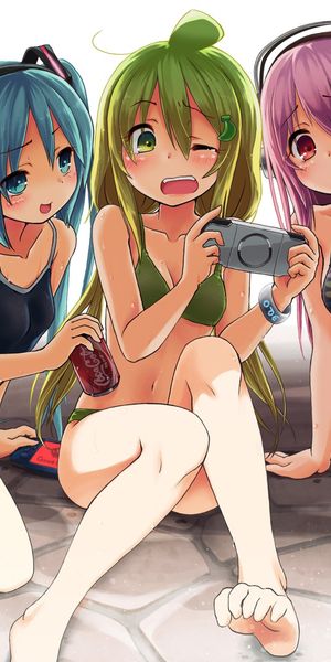 Vibrant 4K Phone Wallpaper Featuring Vocaloid Characters in Swimsuits