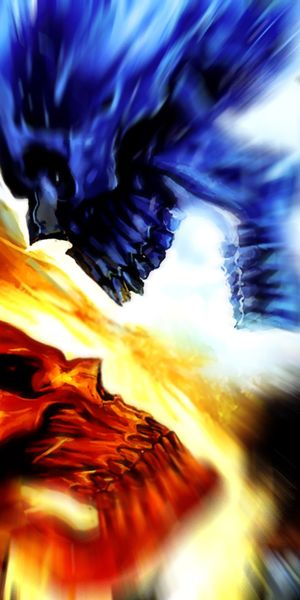 Eye-catching phone wallpaper featuring contrasting skulls in fire and ice