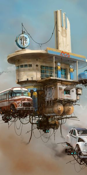 Incredible Sci-Fi Floating Building with Vintage Autos