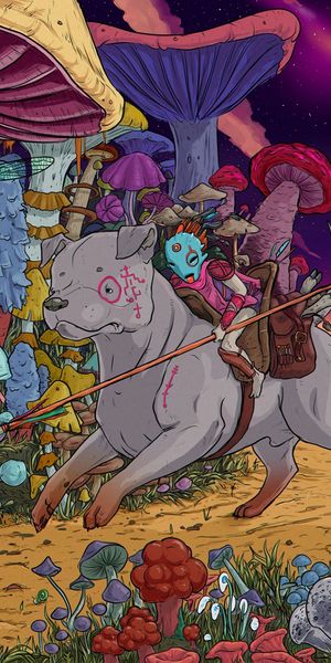 Vibrant Horseman Riding with Dog Through Colorful Mushroom Forest
