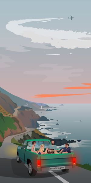 Enjoying a Scenic Coastal Journey with Friends in a Classic Car