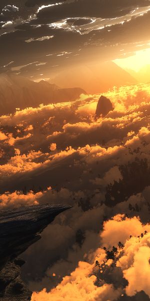 Epic Fantasy Landscape at Dawn: Mountains and Dramatic Clouds