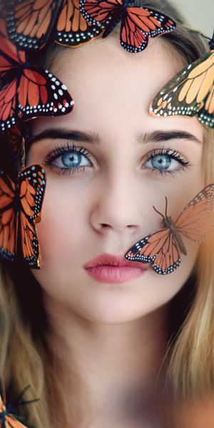 Phone wallpaper: Blur, Butterfly, Blonde, Face, Model, Women, Blue Eyes free download