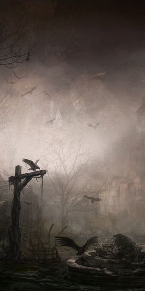 Gothic Fantasy Scene with Dark Town and Ravens from Diablo III