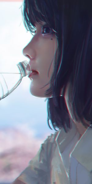 Charming 4K Mobile Wallpaper of an Anime Girl Enjoying a Refreshing Drink