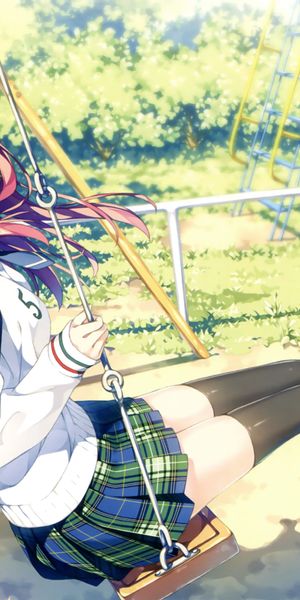 Anime girl with pink hair and school uniform on swing - iPhone wallpaper