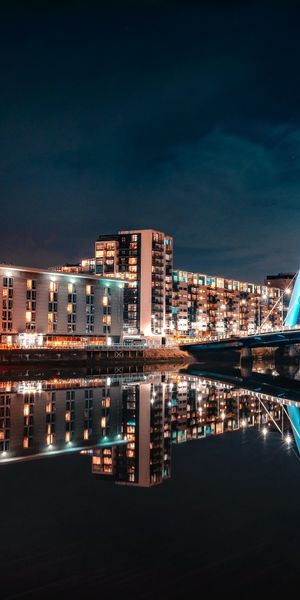 Phone wallpaper: Reflection, Cities, Building, Lights, City, Water, Night free download