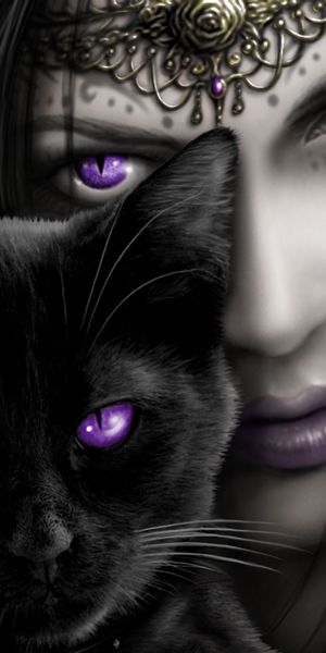 Gothic Witch with Purple Eyes and Cat