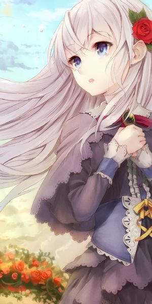 Free wallpaper featuring a sad anime girl with blue eyes and white hair