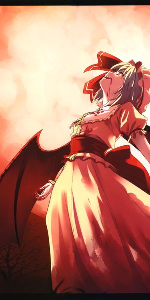 Phone wallpaper: Remilia Scarlet, Touhou, Vampire, Dress, Moon, Wings, Short Hair, Blood, Night, Red
