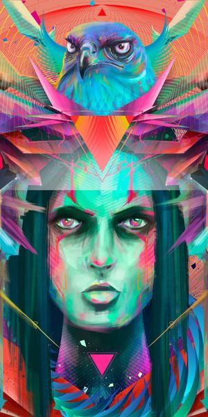 Phone wallpaper: Motley, Multicolored, Portrait, Art, Girl, Eagle free download