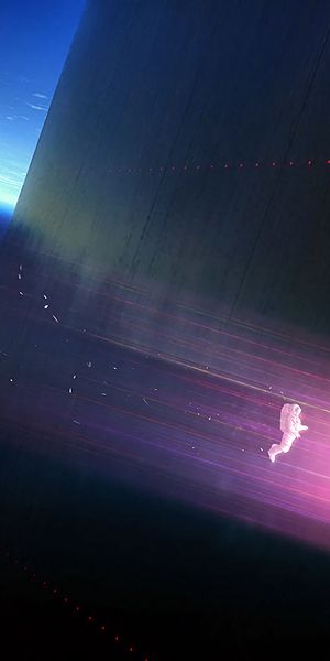Cosmonaut Floating Through a Porthole in Vibrant Space Art