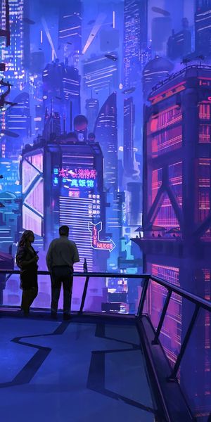 Vibrant Cyberpunk Rooftop Scene at Night