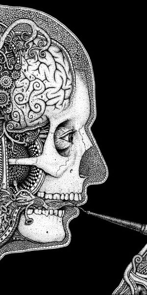 Surreal Dark Art Featuring Human Anatomy and Pipe Elements