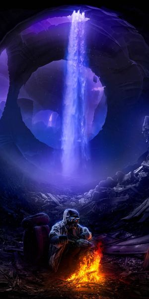 Phone wallpaper: Sci Fi, Person, Human, Bonfire, Cave, Art free download