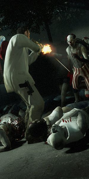 Phone wallpaper: Carneval, Left 4 Dead 2, Left 4 Dead, Clown, Zombie, Fire, Night, Video Game, Dark