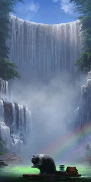 Phone wallpaper: Wash Up, Wash, Cat, Waterfall, Journey, Art, Rainbow free download