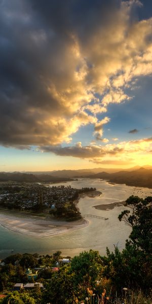 Phone wallpaper: Landscape, Sunset, Coast, Ocean, Sunlight, Cloud, Photography, Town free download