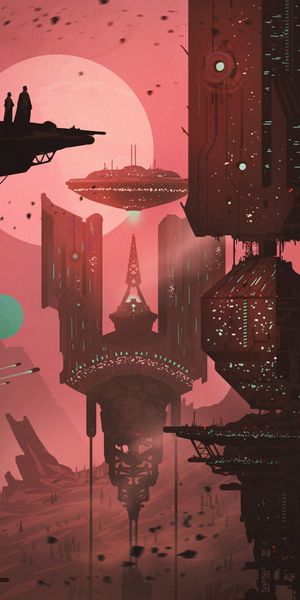 Wanderers at a Futuristic Fantasy Station with Spaceships