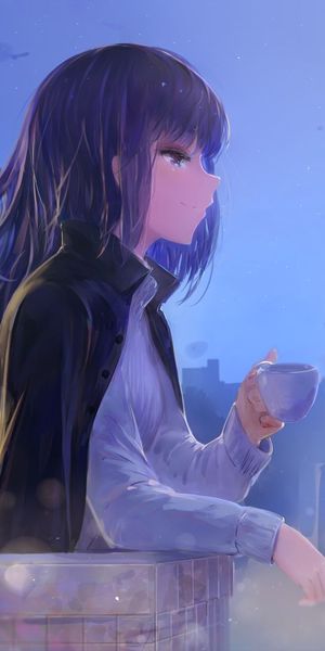 Phone wallpaper: Anime, Night, Cat, Original, Long Hair, Purple Eyes, Purple Hair free download
