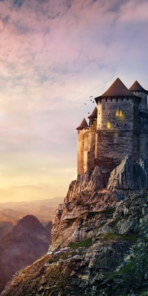 Phone wallpaper: Fantasy, Castle, Castles, Mountain, Sunset, Landscape free download