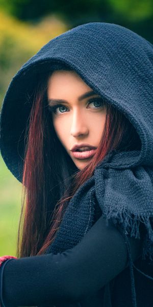 Phone wallpaper: Blur, Hawk, Hood, Model, Women, Red Hair free download