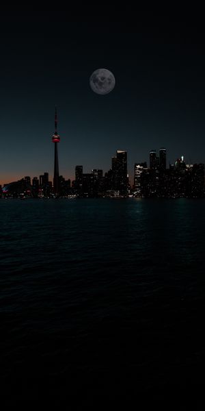 Gorgeous Night Cityscape with a Full Moon Over Water