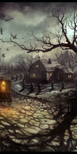 Haunted Night Wallpaper: Windmill, House, Crow, and Creepy Tree
