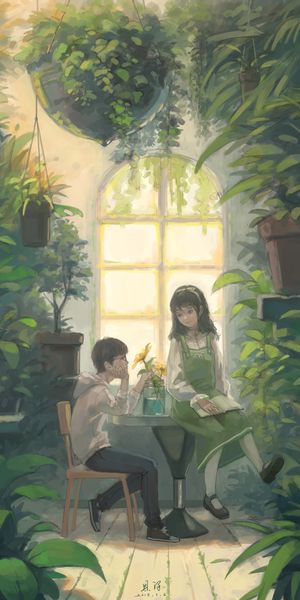 Charming Greenhouse Scene with a Guy and a Girl Surrounded by Flowers