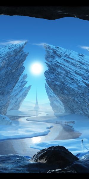 Enchanting Ice Cave Winter Landscape with a Serene Stream